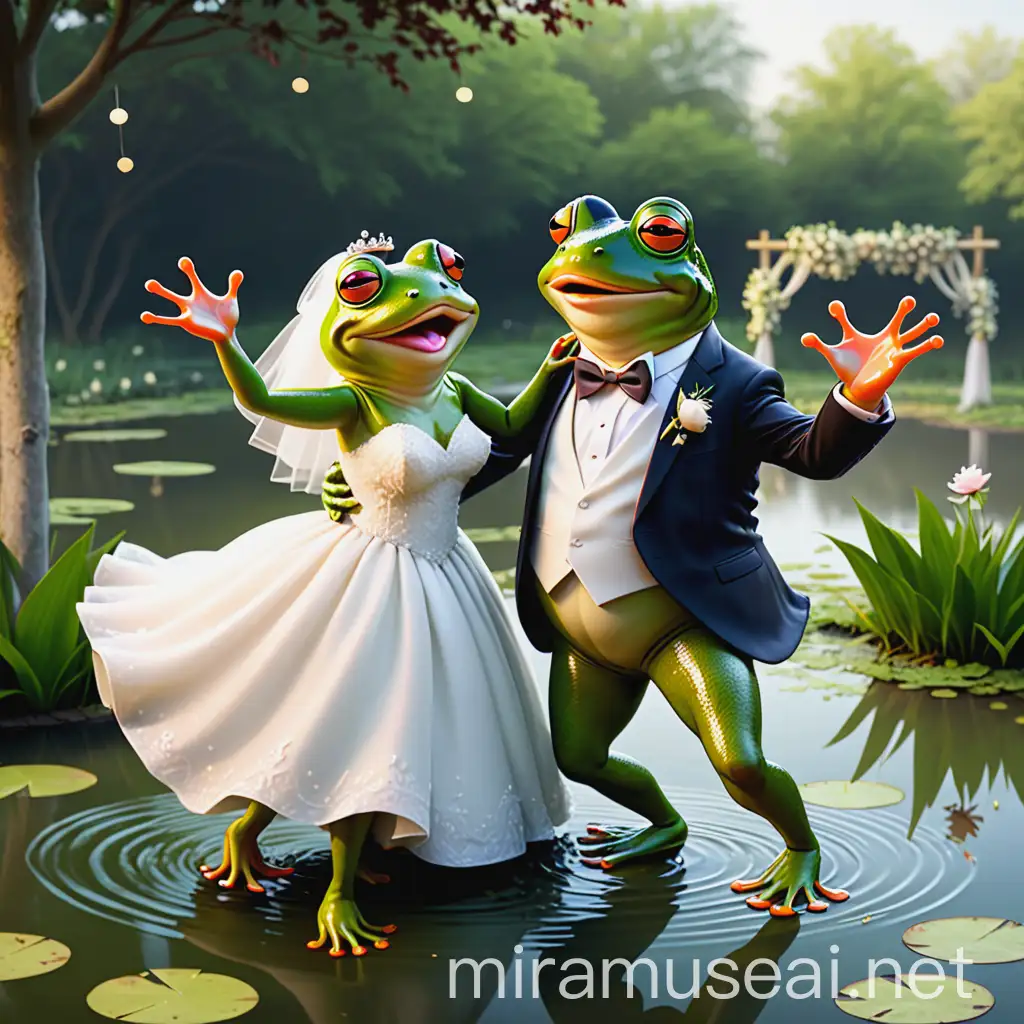 Two Frogs Celebrating Their Union with Joyful Dance in a Pond