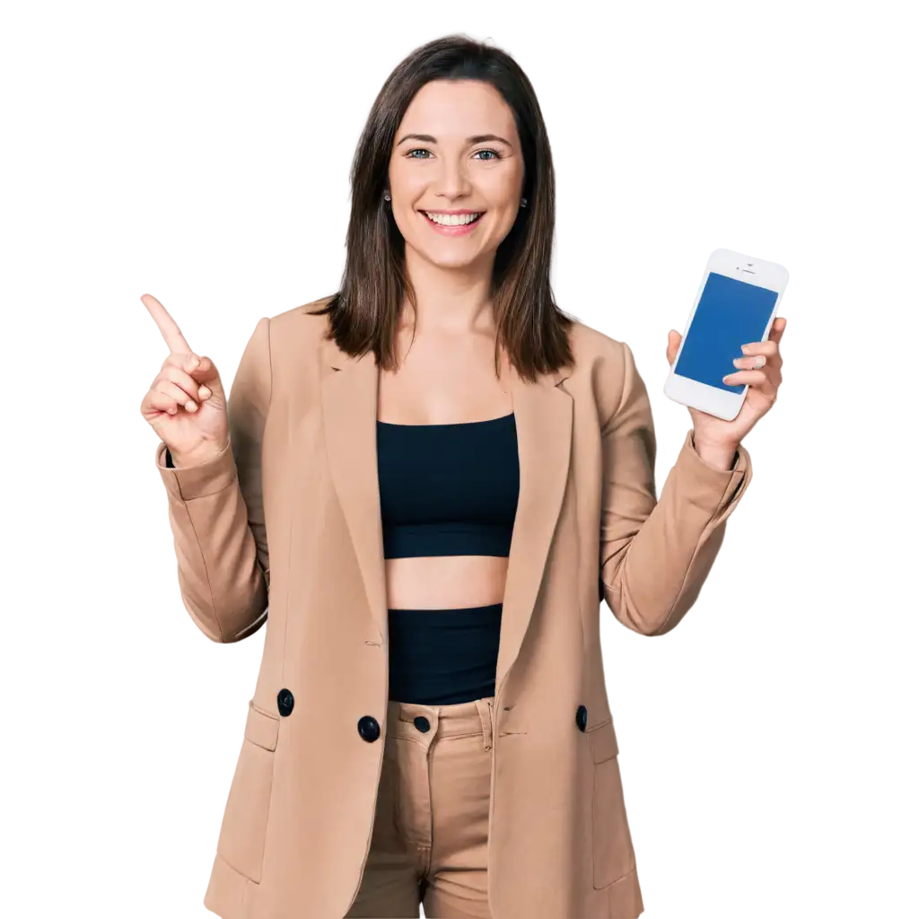 PNG-Image-of-Woman-with-Shoulder-Length-Brown-Hair-Smiling-and-Showing-Cellphone-Screen