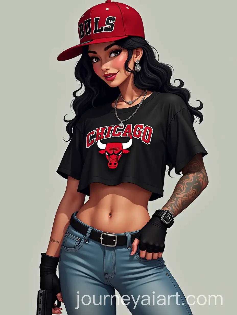 Young-Woman-in-Chicago-Bulls-Snapback-Black-Crop-Top-and-High-Heel-Boots-with-Tattoos-and-Gun