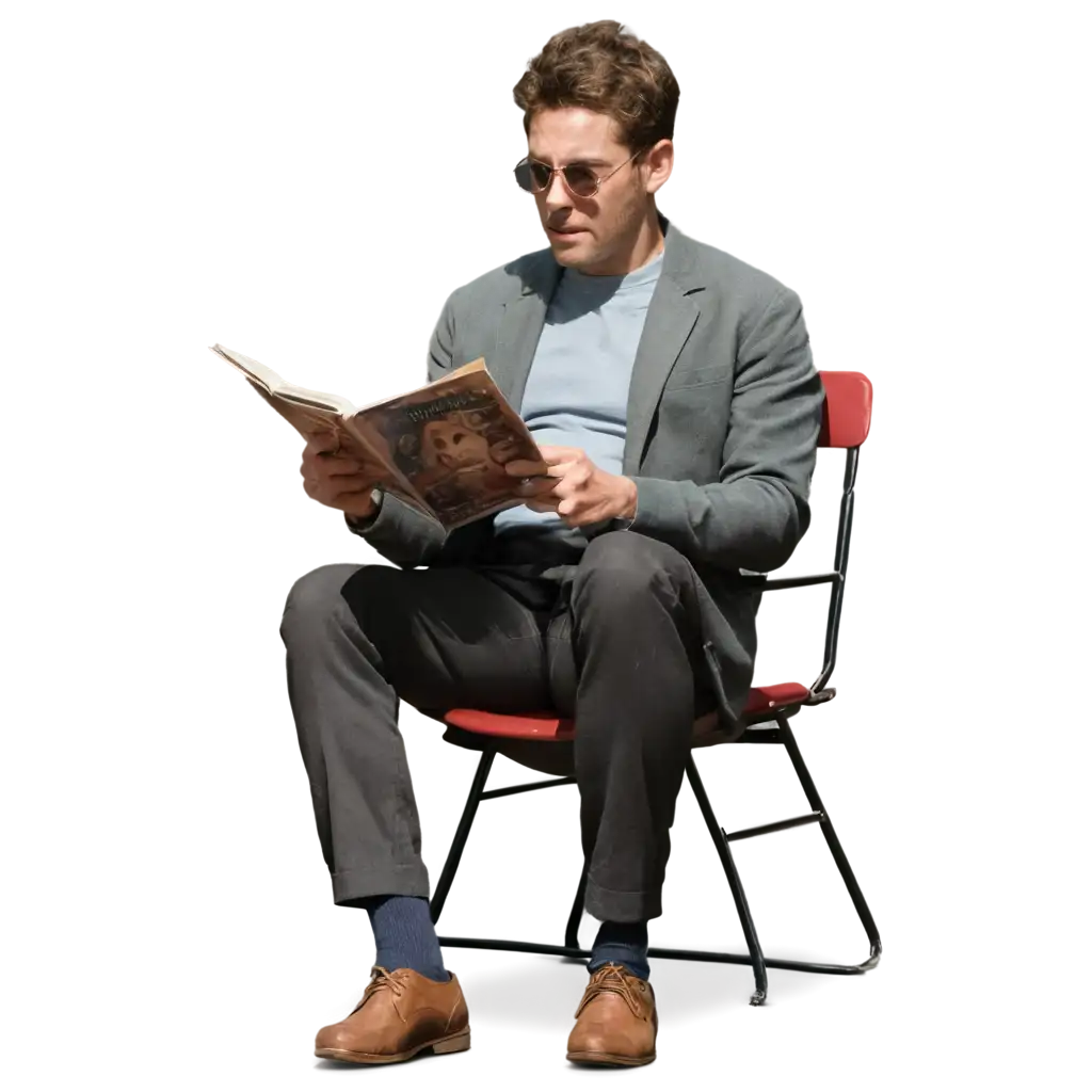 A male actor is sitting on a chair reading a script and a movie is playing behind him