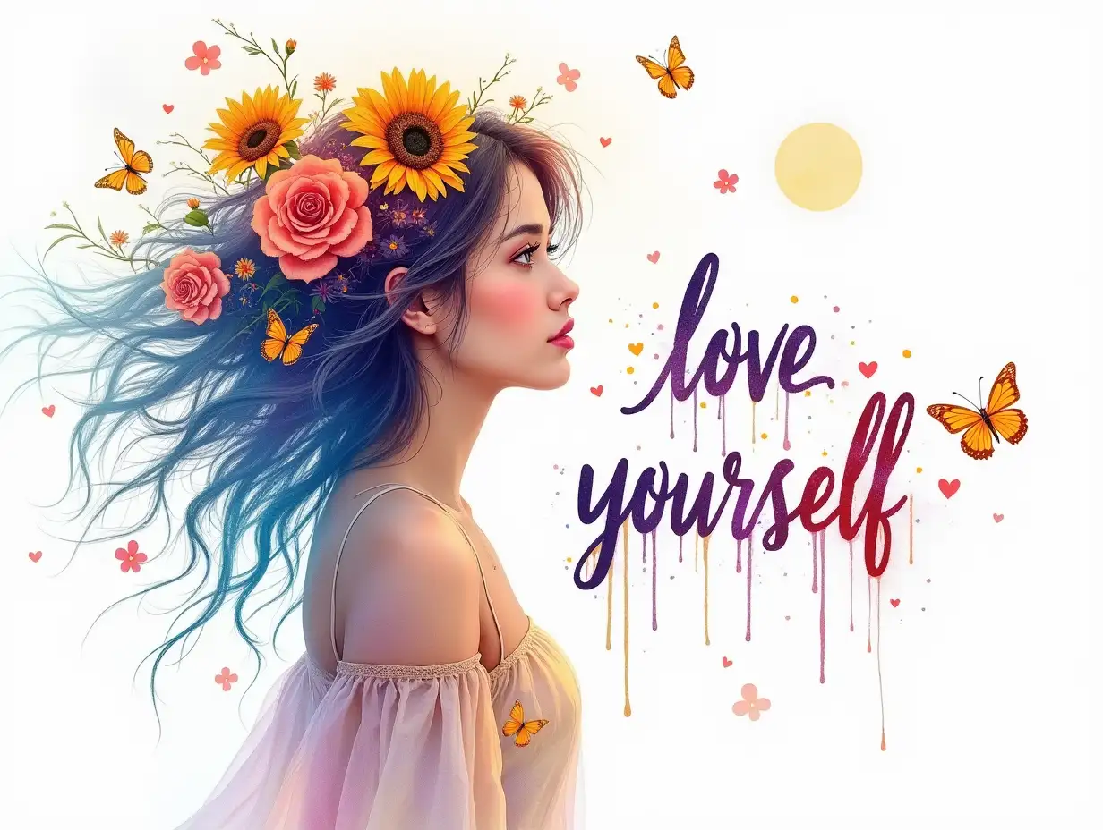 grunge-style, Watercolor art. A vibrant and imaginative portrait of a young woman with flowing, colorful hair adorned with sunflowers, roses, and butterflies. She gazes thoughtfully to the side, her outfit resembling a romantic, bohemian style with flowing sleeves and delicate details. The background features a blend of floral elements in shades of blue, purple, and yellow, creating a lively contrast against a soft white backdrop. A dreamy moon and subtle stars are visible above, while drips of color add an artistic flair. The phrase 'Love Yourself' is prominently displayed in a playful, hand-lettered font, incorporating heart motifs, enhancing the positive and uplifting theme. The aesthetic is hyperrealistic with a touch of whimsy, characterized by rich, saturated colors and intricate details that evoke a sense of wonder and self-love.