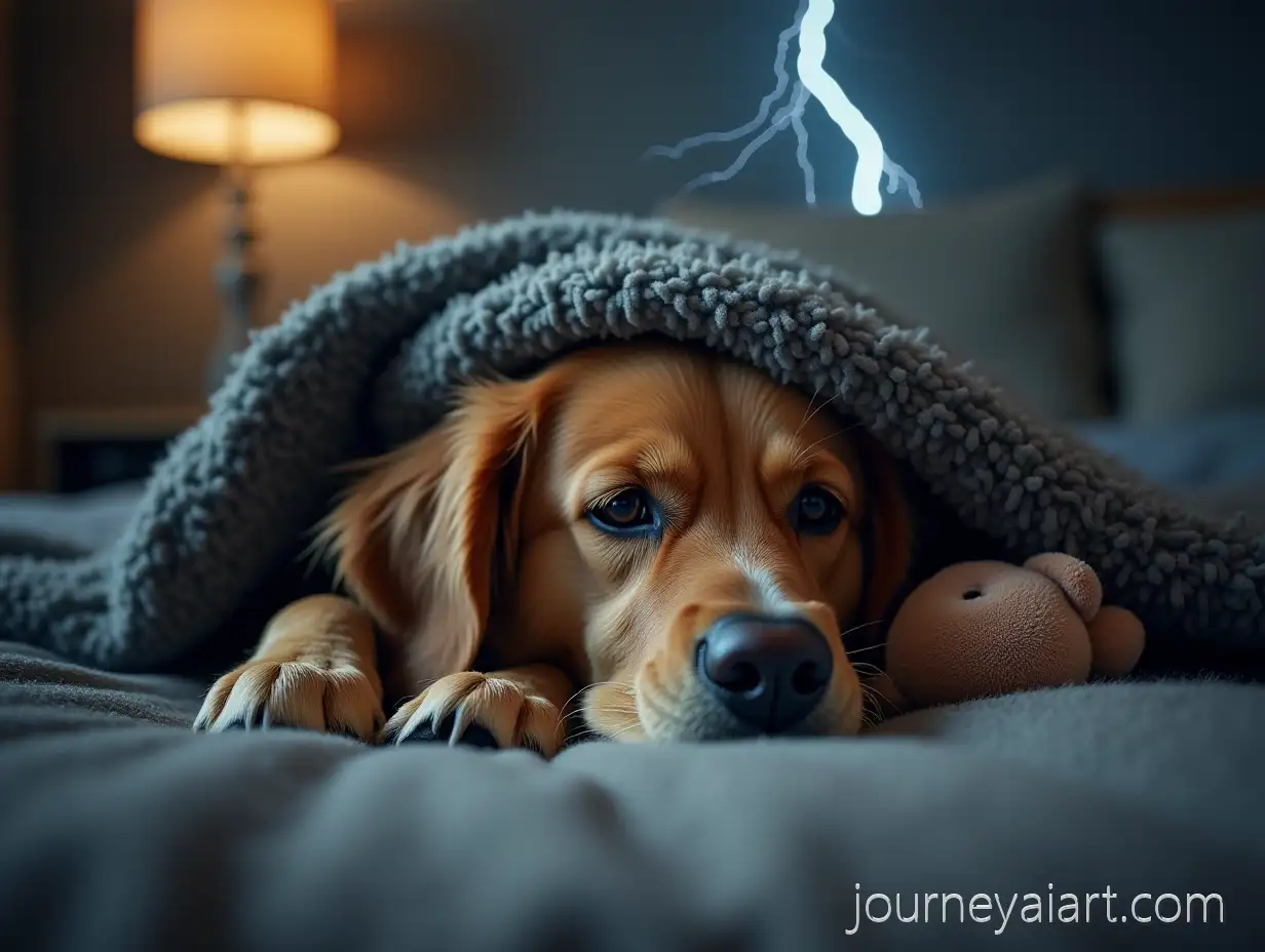 Golden-retriever-under-blanketGolden-Retriever-Hiding-Under-Blanket-During-Thunderstorm-with-Plush-Toy