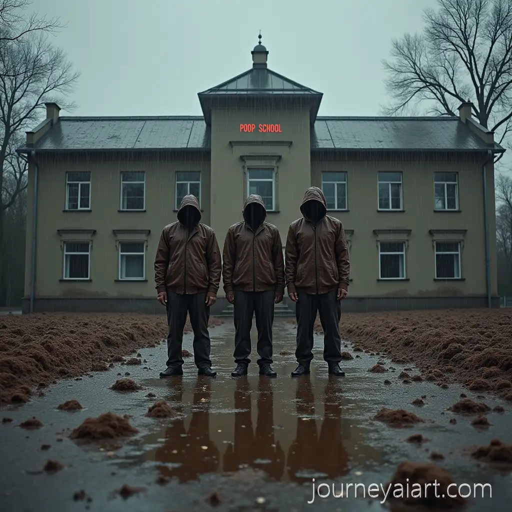 School-Covered-in-Poop-with-People-Standing-in-Puddles-in-a-Rainy-Dark-AtmosPoop-Covered-School-Scenephere