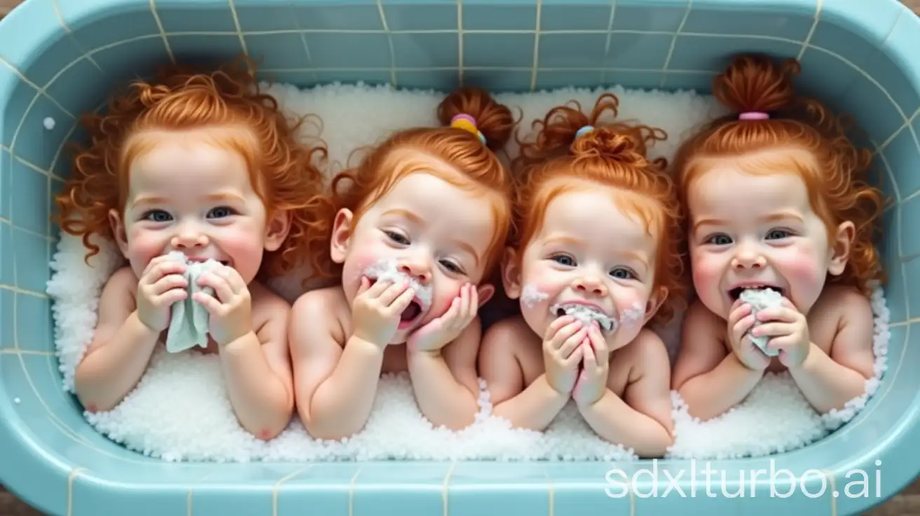 Four-Redhead-Preschool-Girls-Washing-Faces-in-Bathtub-with-Soap-and-Washcloth