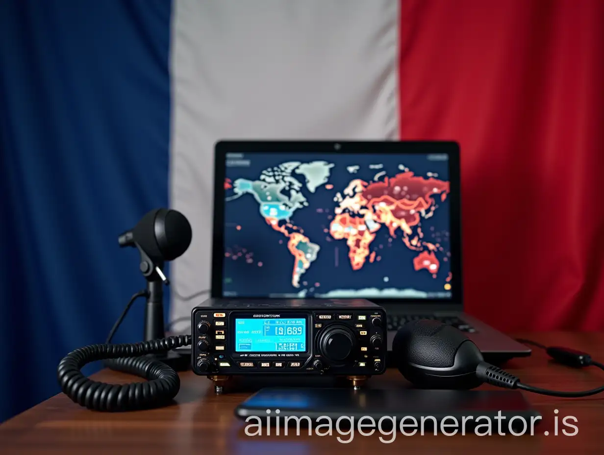 Radio waves broadcast around the world from an amateur radio station with transceiver new generation with microphone, portable computer against the backdrop of the French flag