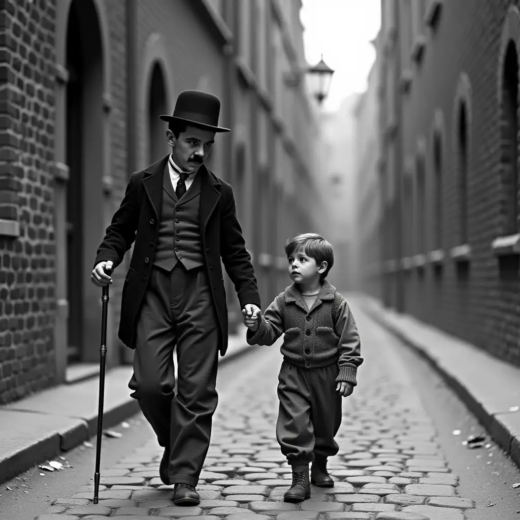 In a heartwarming silent film scene from The Kid, Charlie Chaplin’s Tramp character walks down a cobblestone street, holding the hand of a small, scrappy boy. Chaplin’s tattered suit, bowler hat, and cane contrast with the boy’s oversized clothes. Their expressions mix mischief and tenderness as they stroll past an old brick building, embodying the film’s emotional depth.