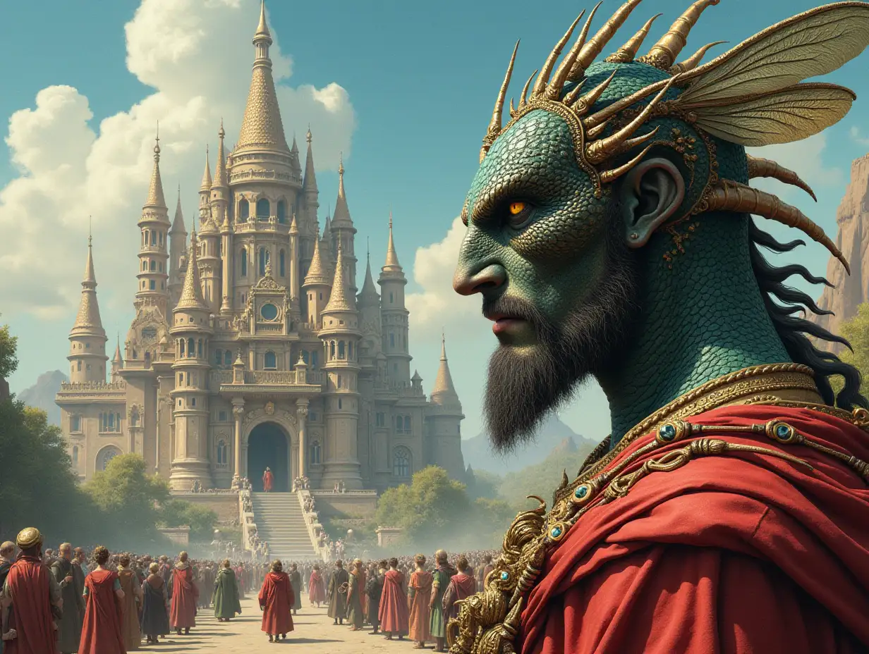 Ultra detailed hyperrealistic portrait of a giant with a dragonfly head in front of a palace with many people elaborately detailed, colorful