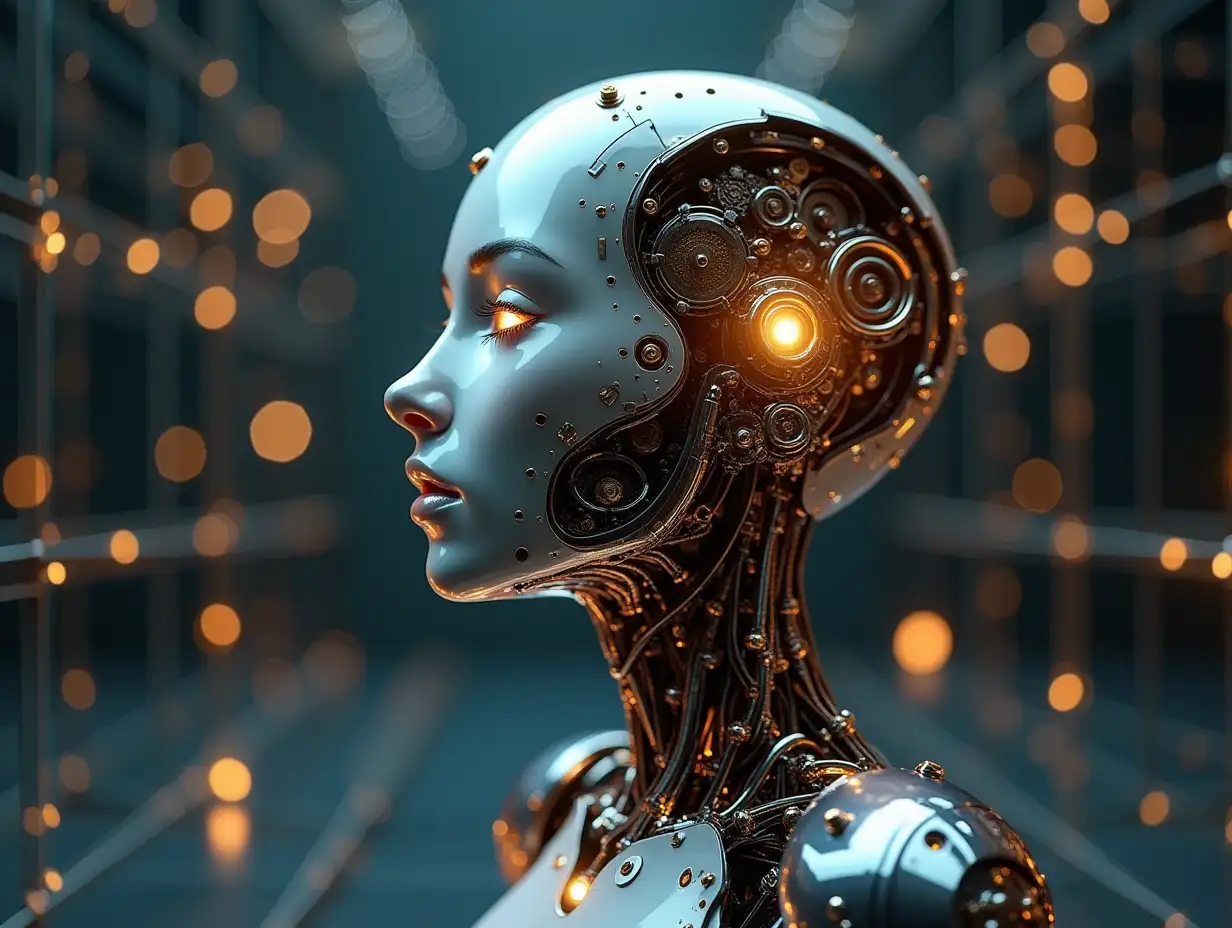 Create a high-resolution, realistic image of the artificial intelligence Robert with a metal and glass head with gears, light wave guides, LED light face 3d 4k resolution with gold and silver ornaments in a robot room and stands on a cubed wire mesh with lights