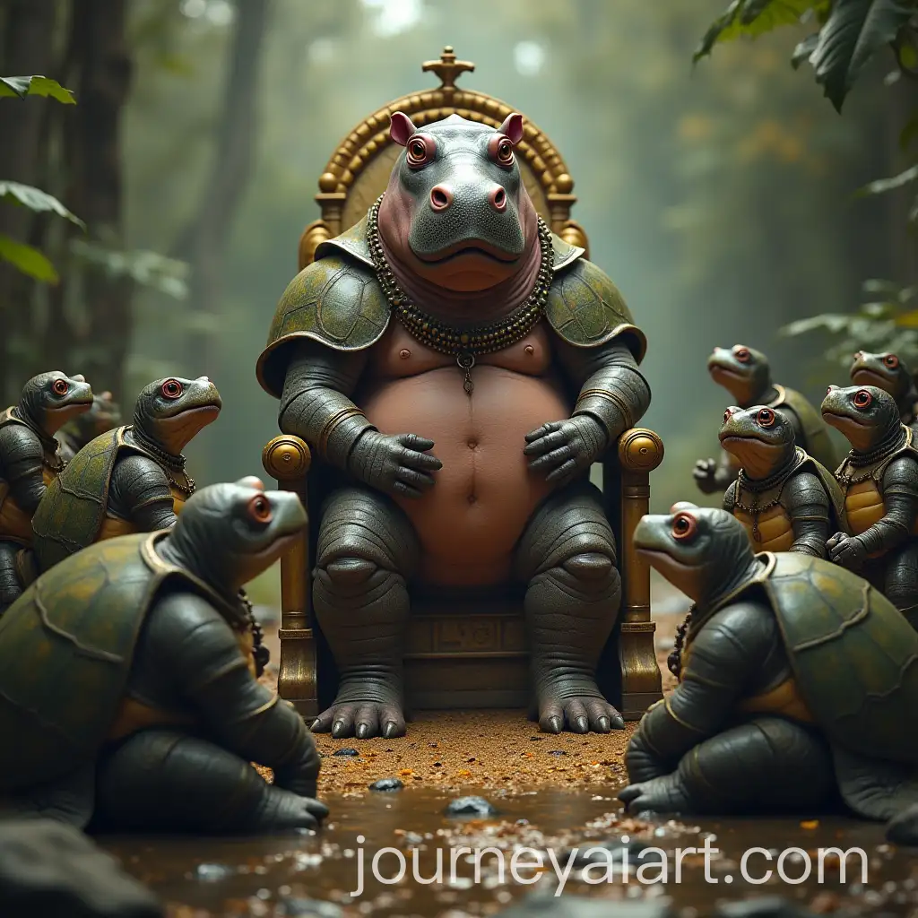 Turtle-Knights-Paying-Tribute-to-a-Pygmy-Hippopotamus-on-a-Throne