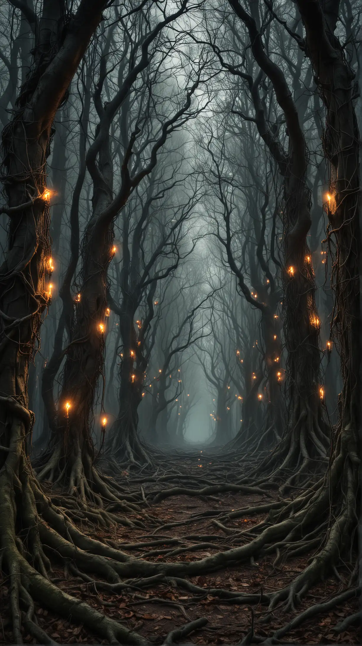 Eerie Glowing Roots in Dark Forest