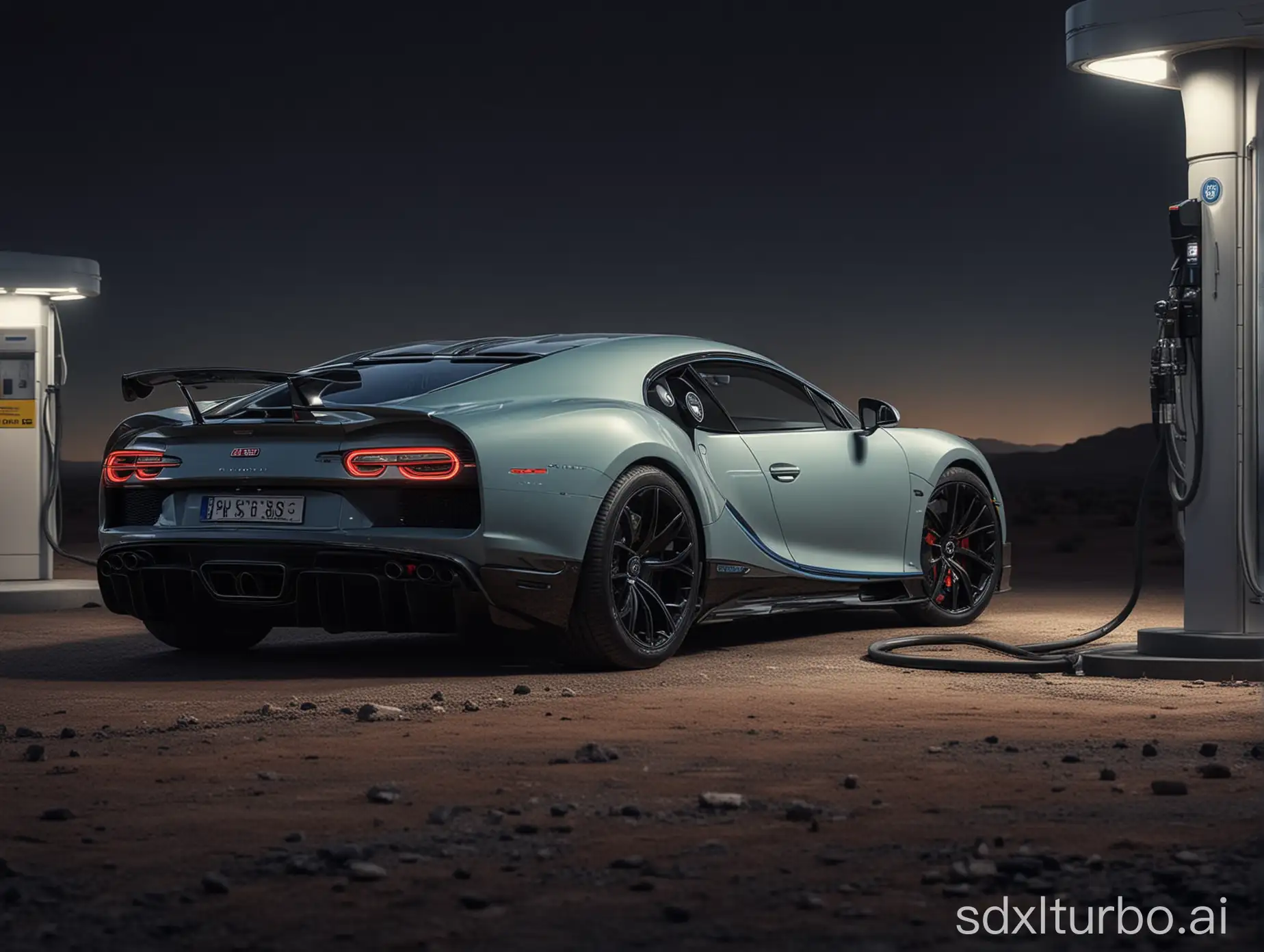 A man refueling a Bugatti Chiron supercar in a dark desert, modern petrol station setting, hyper realistic. Close view