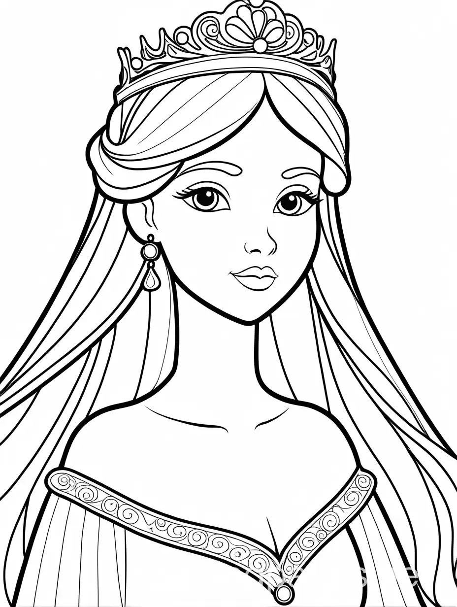 beautiful princess, Coloring Page, black and white, line art, white background, Simplicity, Ample White Space. The background of the coloring page is plain white to make it easy for young children to color within the lines. The outlines of all the subjects are easy to distinguish, making it simple for kids to color without too much difficulty