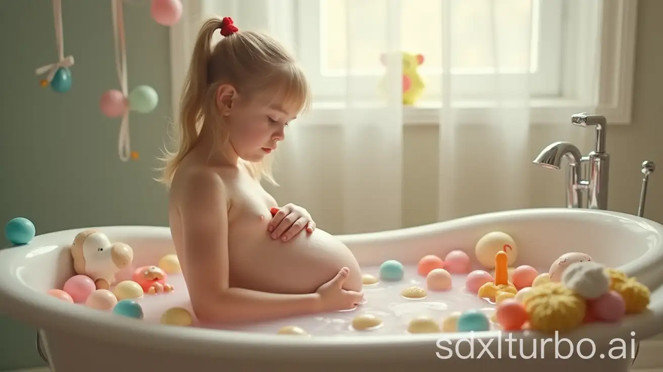 Pregnant-Woman-in-Family-Bathtub-Surrounded-by-Toys