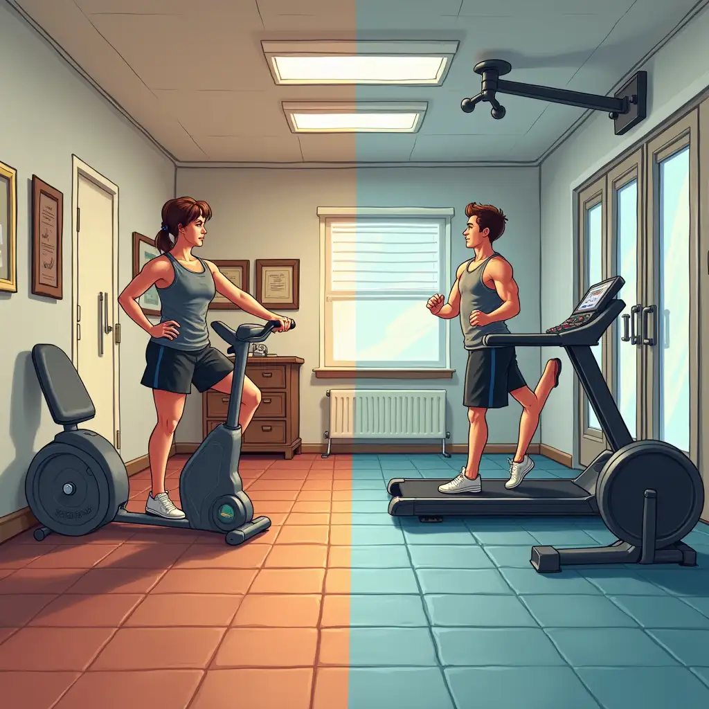 Create a picture for me that illustrates home training versus training in the gym. Please make sure the difference between the gym and the house is noticeable.