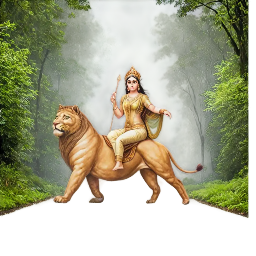 Durga Mata on lion in middle of jungle covered with tree and road is in the middle image size is 9:16 lion is in the middle and Durga mata is sitting on lion and lion walking closer frame by frame, face of should be clear and sharp