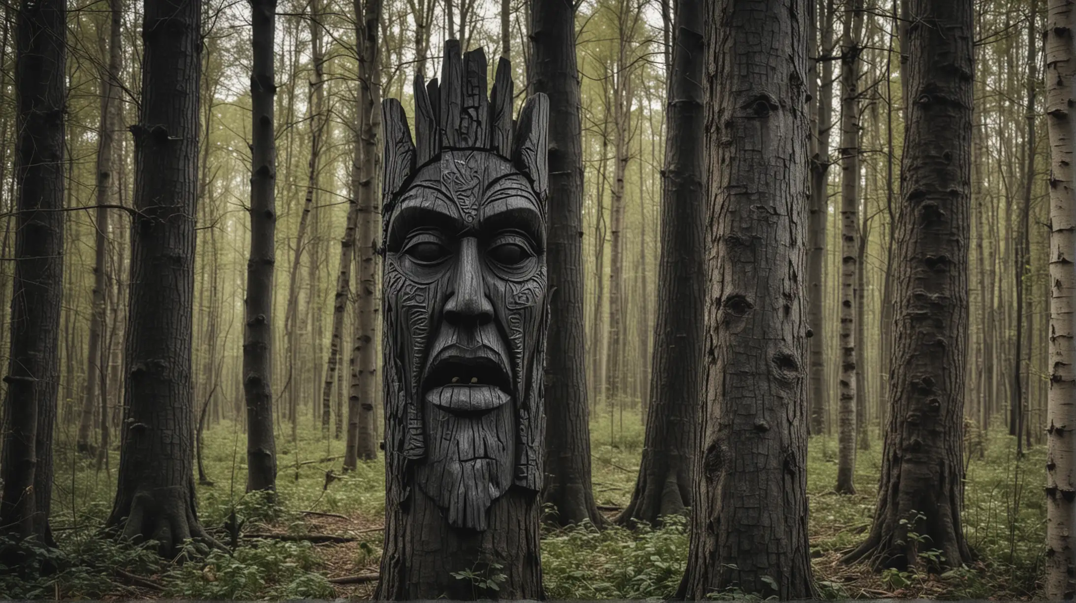 Spooky Slavic Pagan Totem in the Forest Clearing