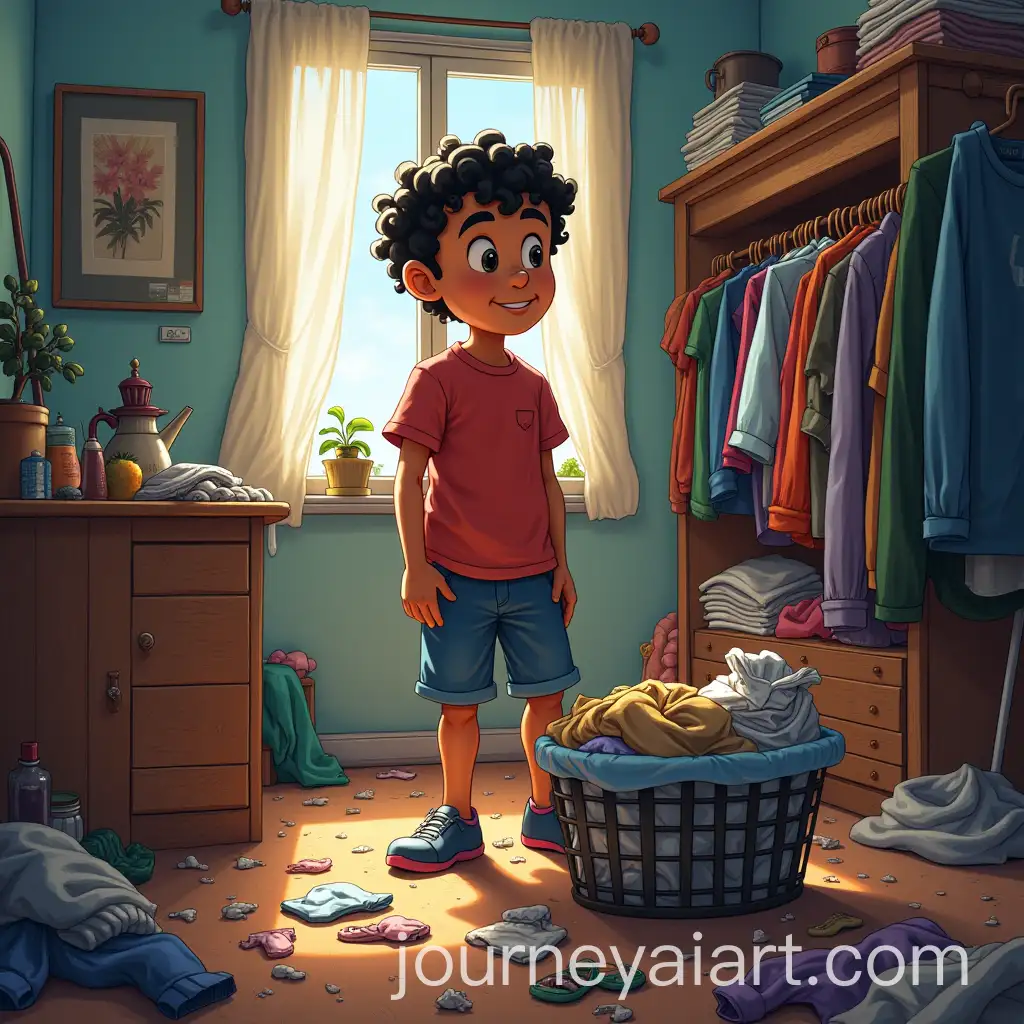 Pedro-in-Room-Surrounded-by-Clothes-in-Chaotic-Environment