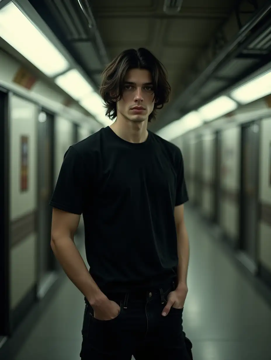 Young-European-Man-Fashion-Model-in-Tokyo-Metro-with-Somber-Mood