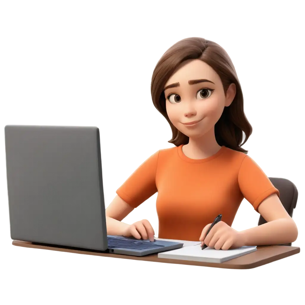 Animated-College-Age-Girl-in-Orange-Shirt-with-Brown-Hair-at-Desk-HighQuality-PNG-Image