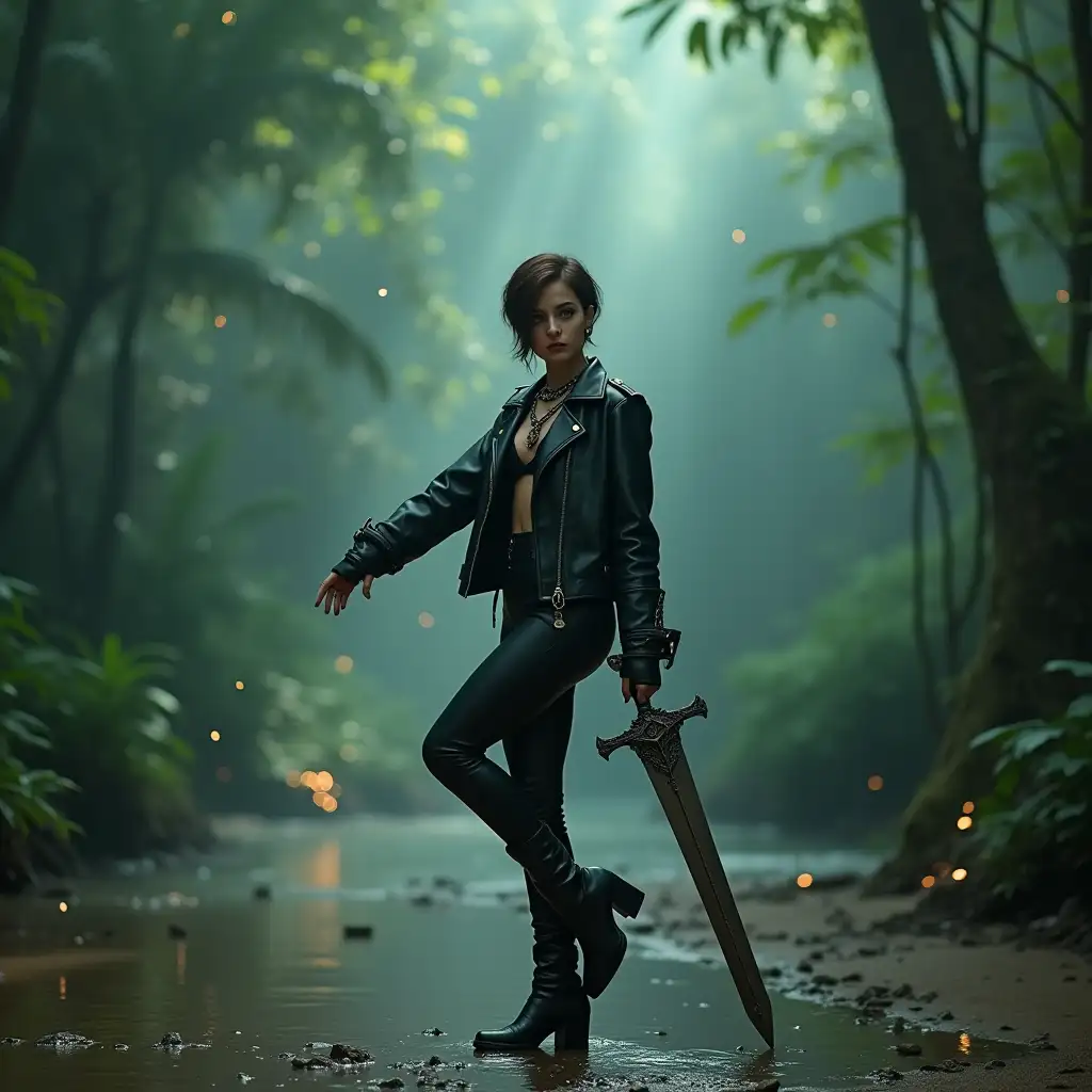 Young-Woman-in-Black-Leather-Boots-Performing-Ballet-Dance-in-a-Lush-Jungle-with-Mystical-Light