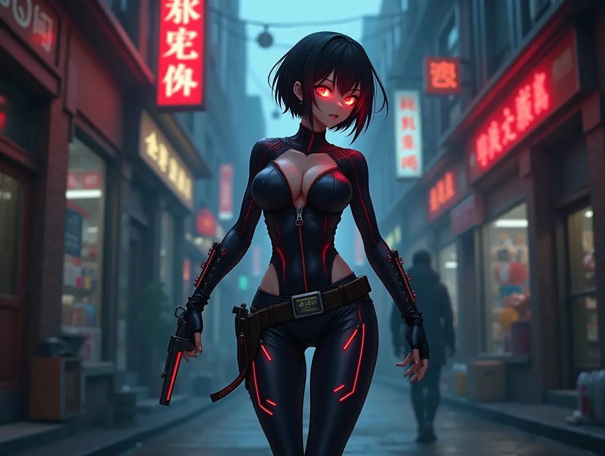 Short hair, mature Asian woman thief cyber runner in a dynamic full-length pose, eyes with red electronic pupils, large breast, extreme skintight body glove zipped down with cleavage, combat boots and combat belt. Full view of her body from boots up, low wide angle. Future store filled city alley street. Anime