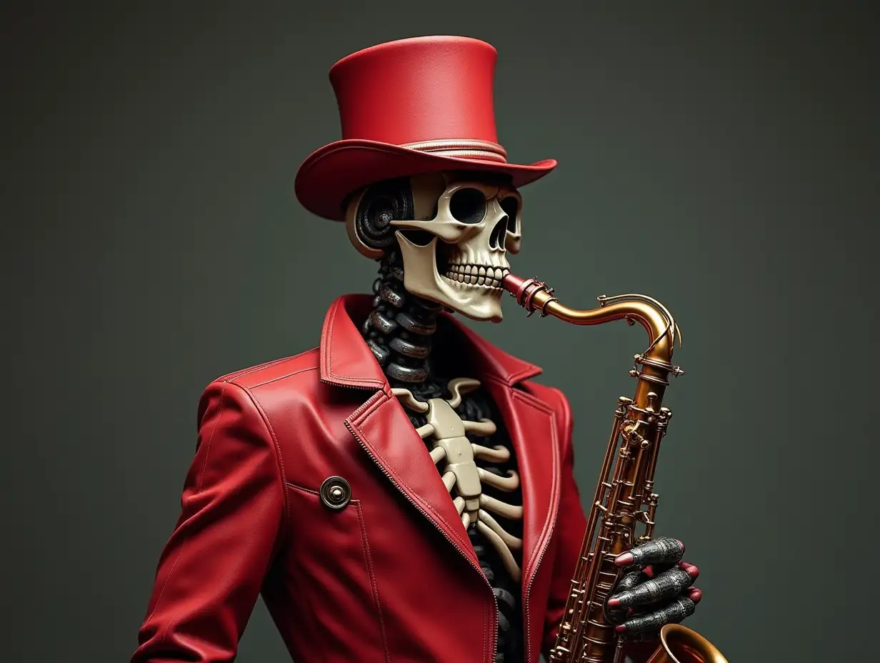 Create a high-resolution, realistic image of a robot with a skeletal body, red porcelain hands and head, a fashionable tracksuit, a Steampunk top hat, and a saxophone in 4K resolution (Steampunk 8K quality)