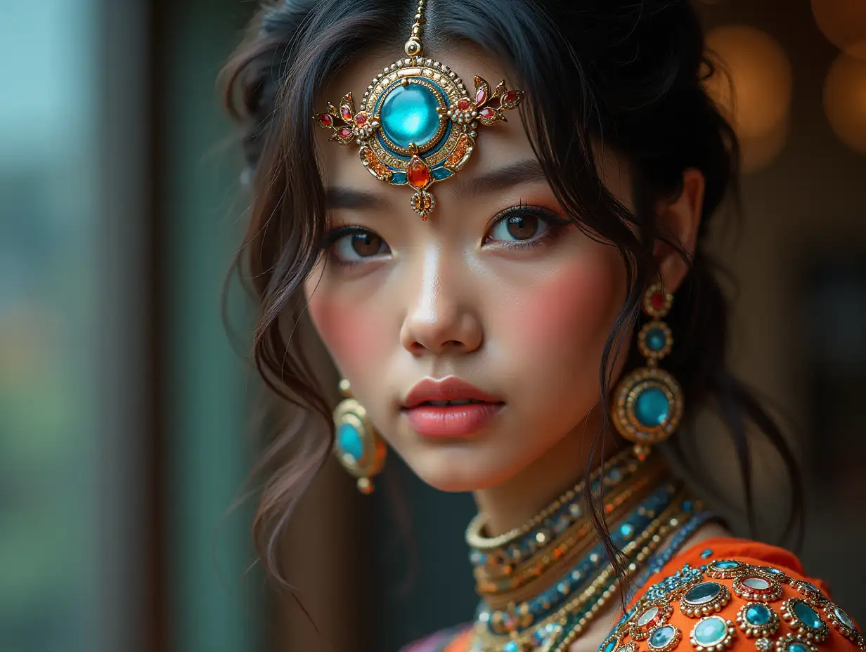 A hyperrealistic portrait of a beautiful woman wearing intricately detailed, colorful and futuristic jewelry.