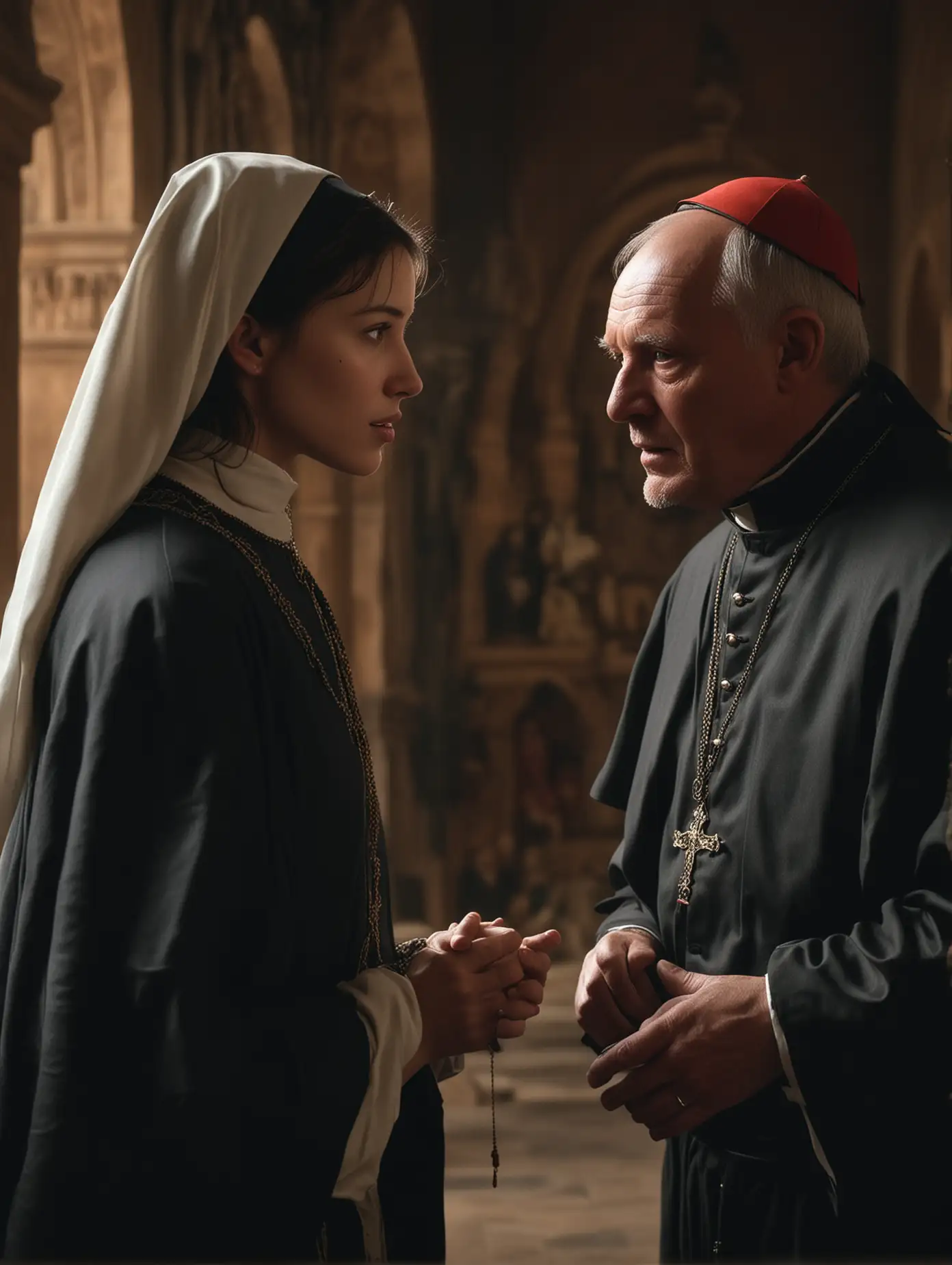 An epic 17th century scene featuring a young, beautiful and attractive nun like Sophie Marceau in conversation with the Cardinal of Saragossa like Anthony Hopkins in Palacio de la Aljafería, cinematic view, high-detailed, photo realistic picture, high-detailed, beautiful, moody lighting, intricate details, cinematic view