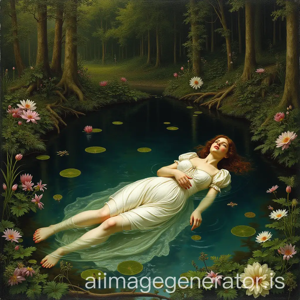 19th-Century-Woman-Depicted-as-Ophelia-in-a-Forest-Pond-Surrounded-by-Flowers-and-Lilies