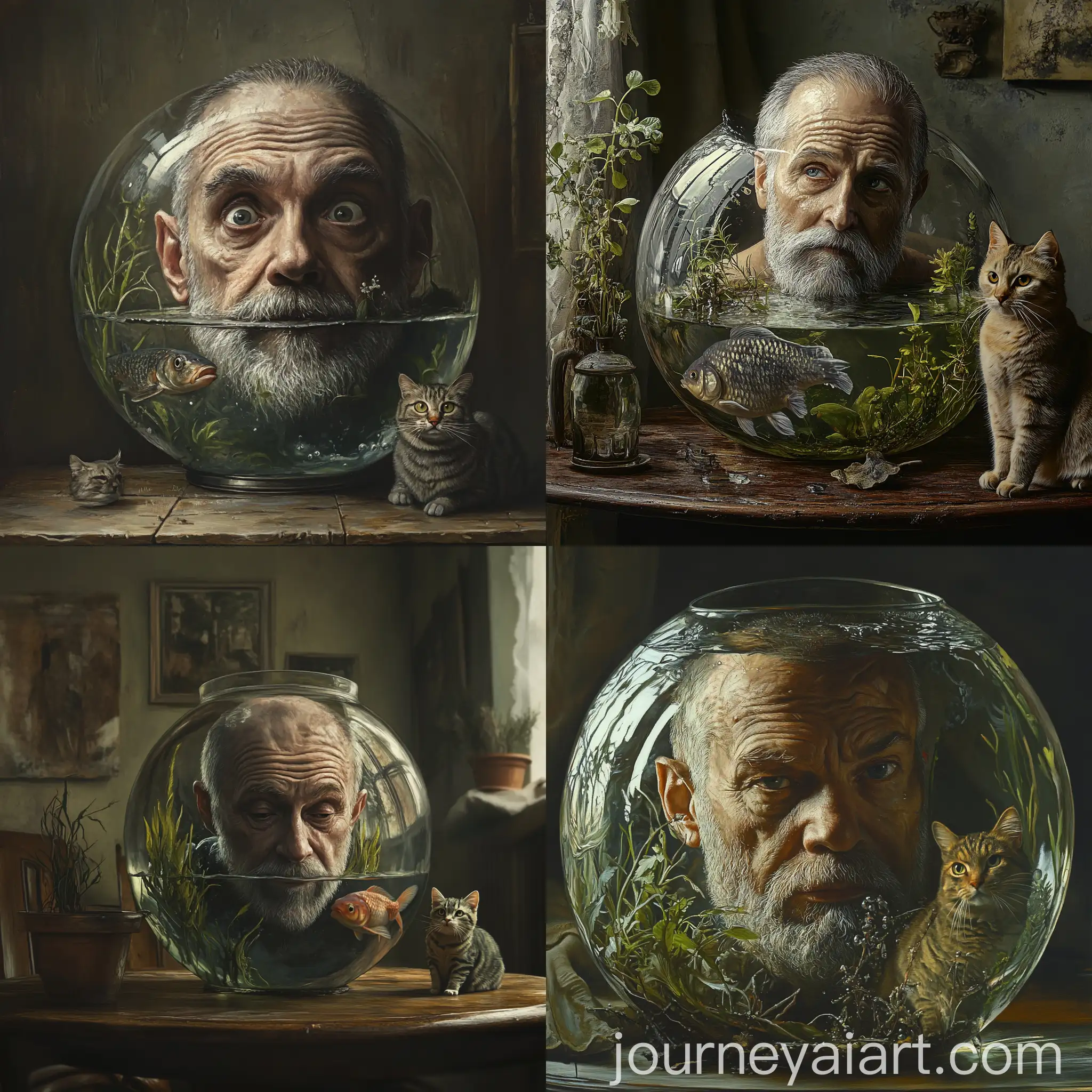 Elderly-Man-Swimming-in-Fishbowl-with-Cat-on-Vintage-Dinner-Table