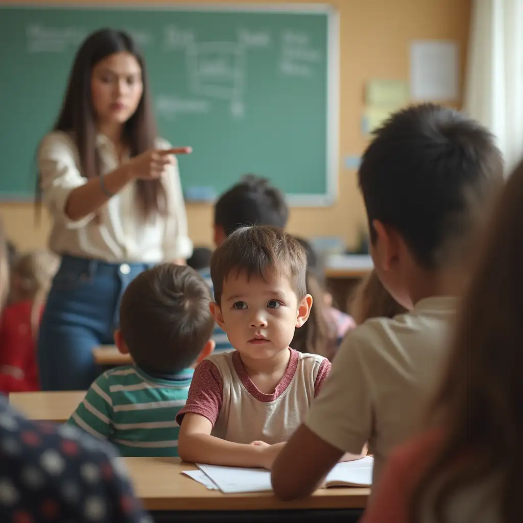 Child-Overwhelmed-in-Busy-Classroom-with-Disappointed-Teacher