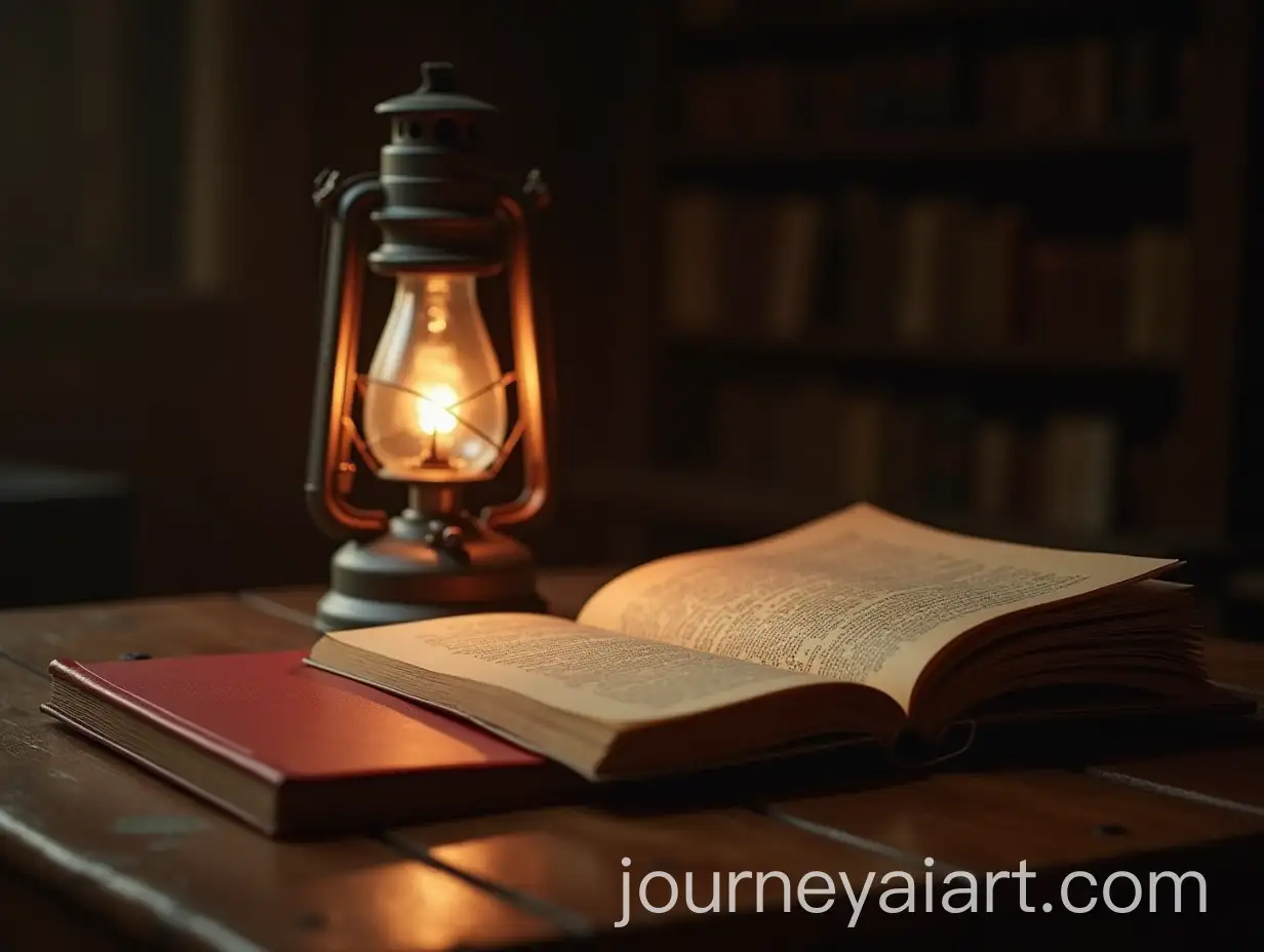 Kerosene-Lamp-and-Open-Red-Book-with-Pages-Blowing-on-Wooden-Table