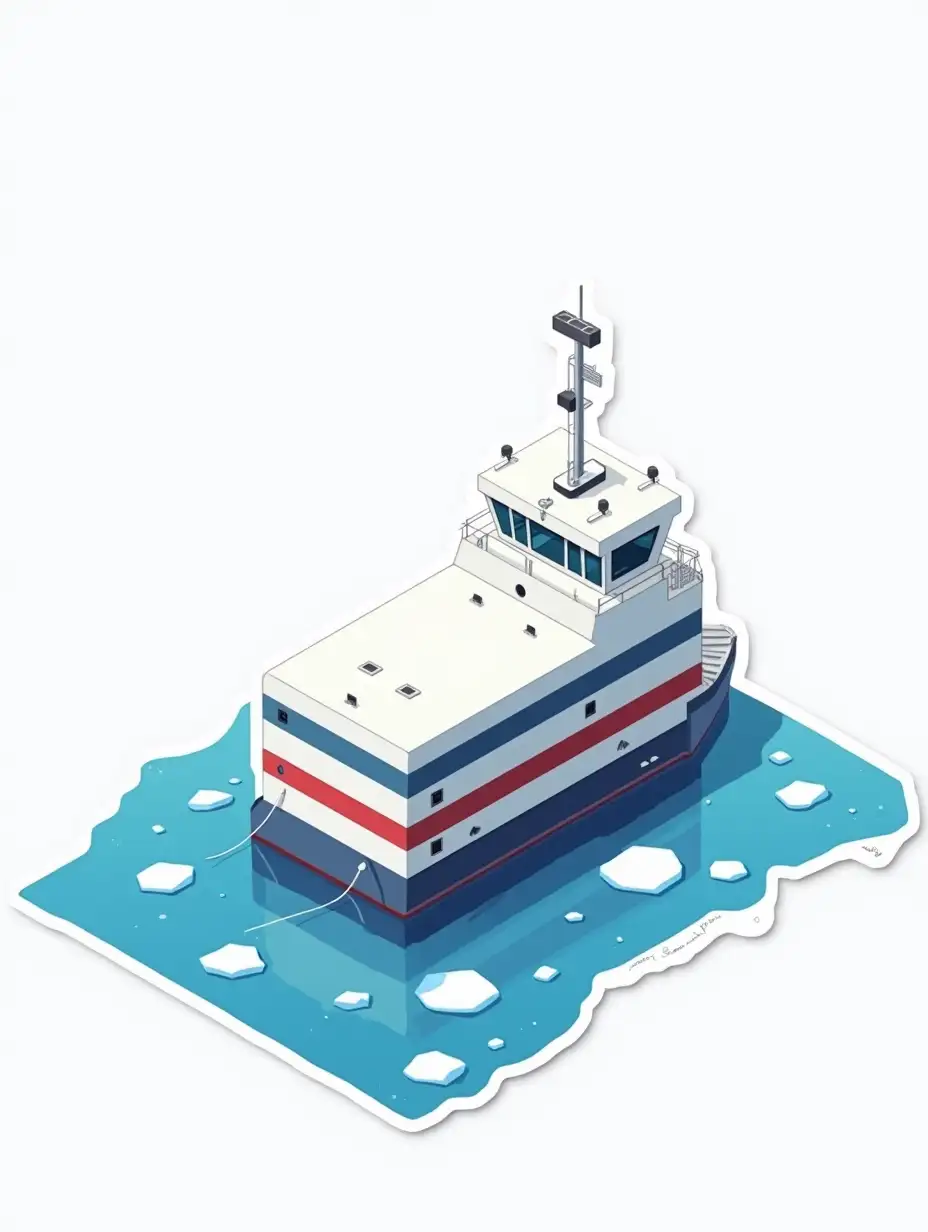 isometric vector sticker: moored to the berth of the North Sea with ice floes in the water is a huge strictly rectangular metal landing stage, similar to a huge marine container, painted white with two blue horizontal stripes and one red horizontal stripe. Small rectangular portholes are located between the stripes. above the main body, there is a white metal superstructure with stiffeners and two square black pipes in front. Anime. Sticker design - top view, high resolution, vector graphics, white background, anime-style painting. vector on blank page. laminated paper sticker