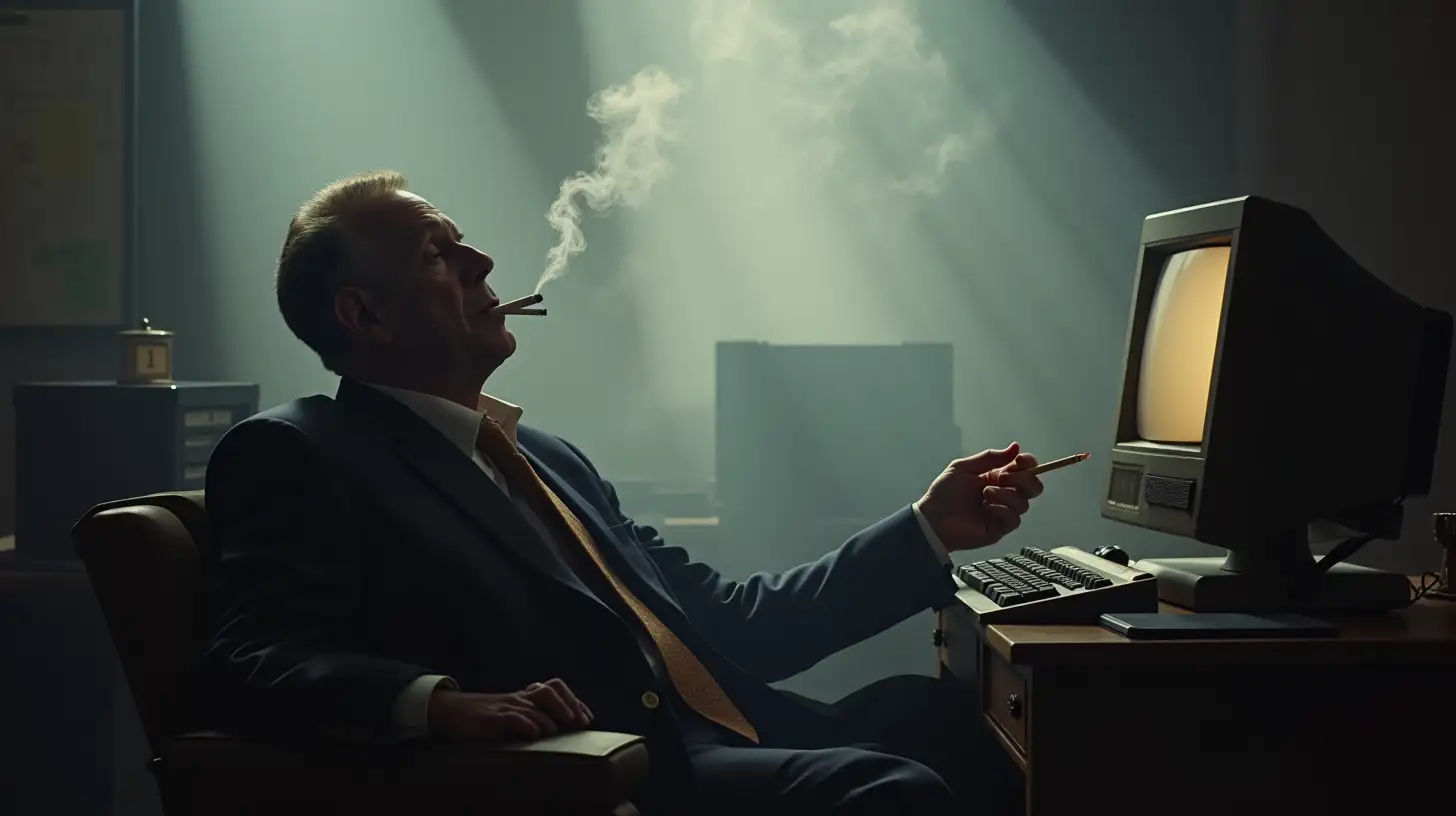 1990s Office Boss Smoking Cigarette with Hazy Computer Background