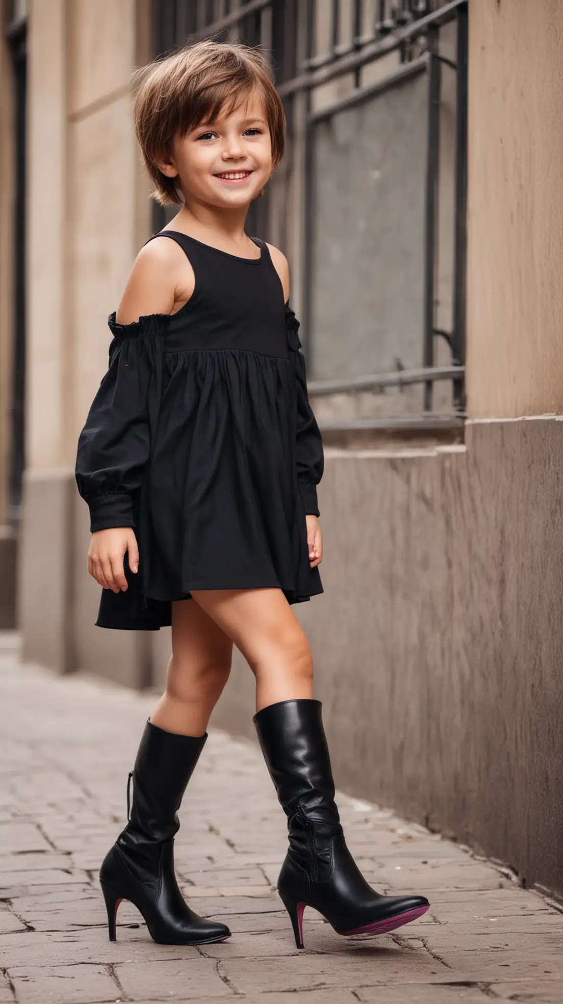 Young-Boy-in-Black-Dress-and-Purple-High-Heel-Boots-Smiling-While-Walking-in-the-City