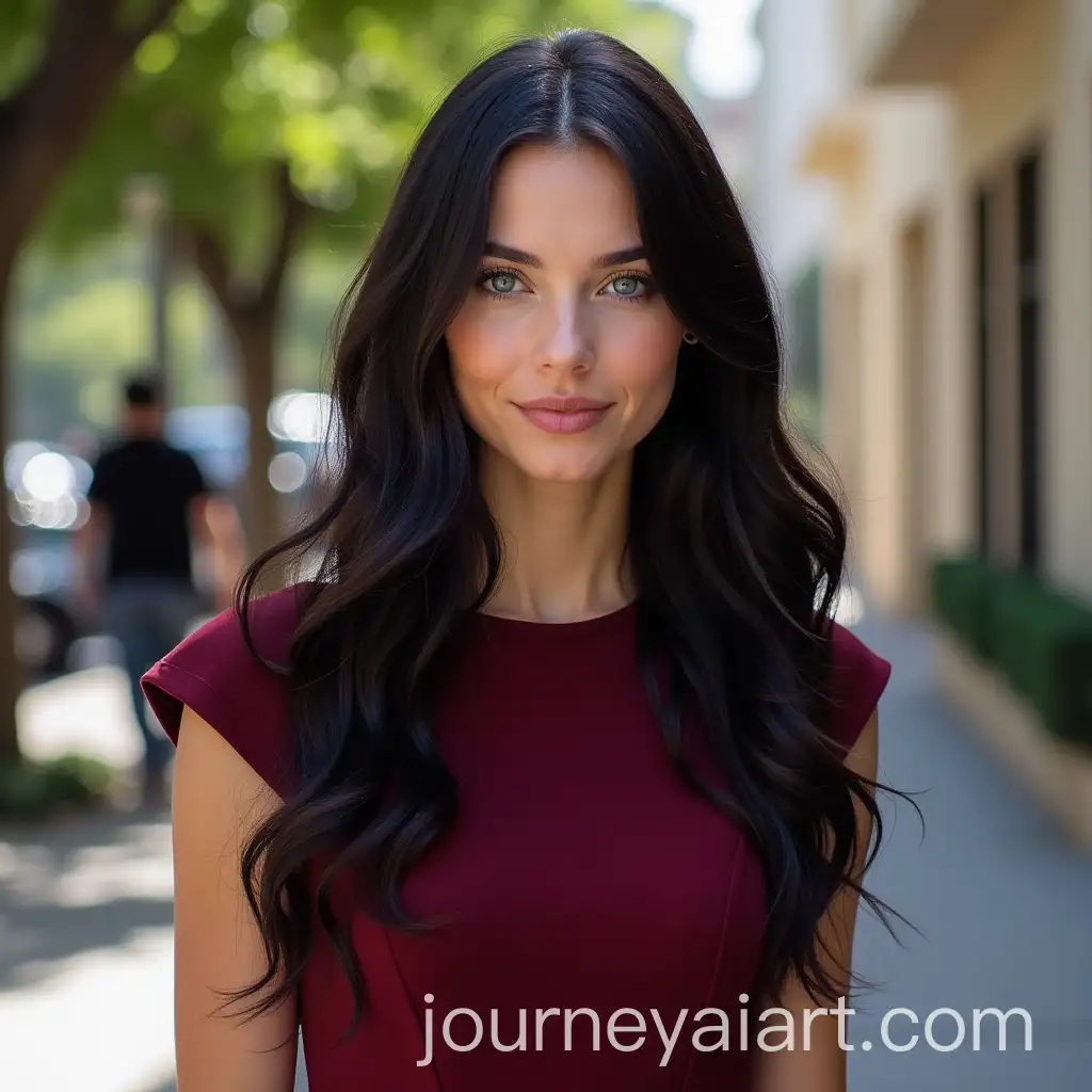 Elizabeth-Olsen-in-Red-Wine-Dress-on-Beverly-Hills-Street