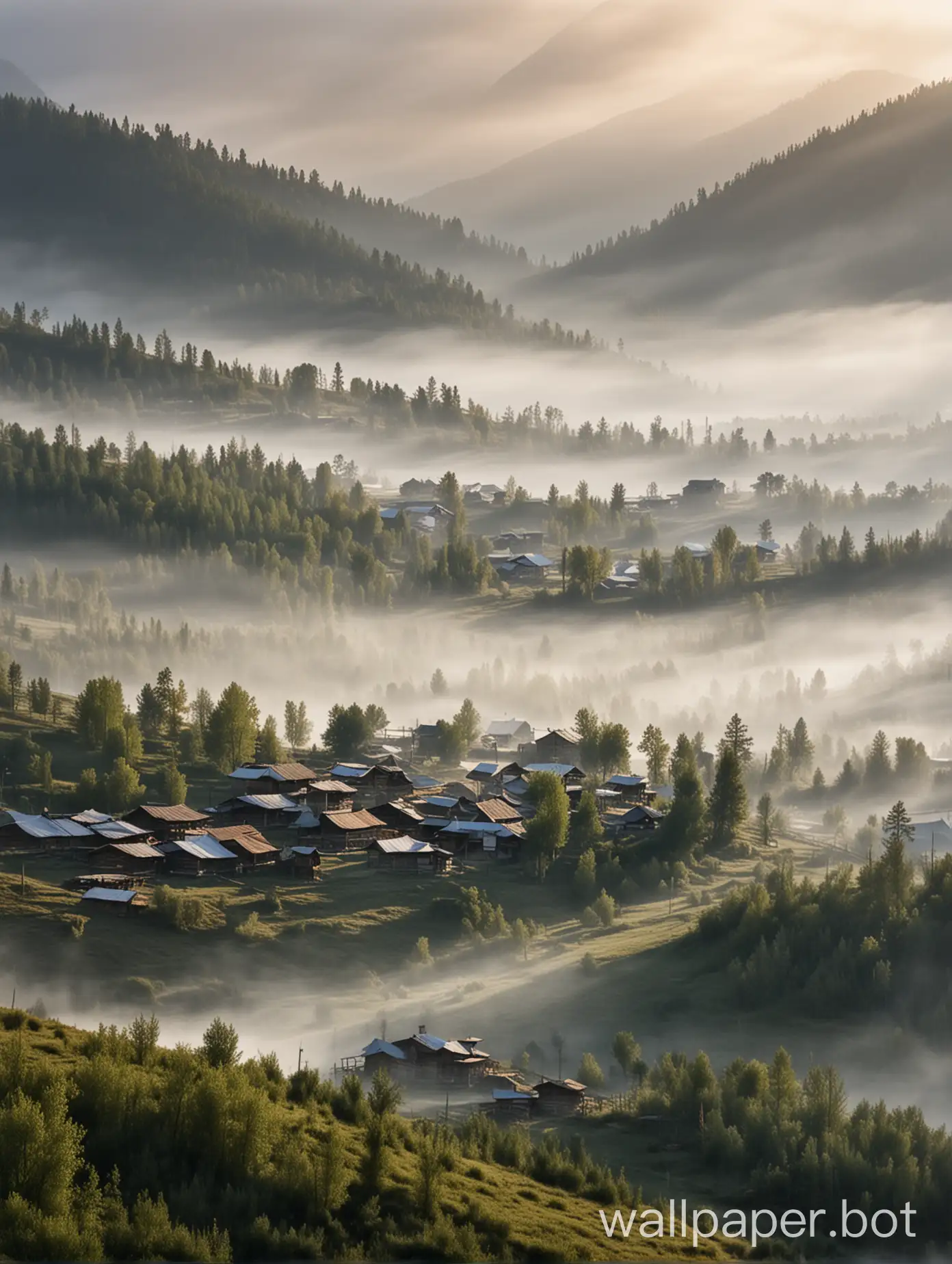 Imagine a mystical village nestled in the heart of the Altai Mountains, shrouded in a veil of morning mist...