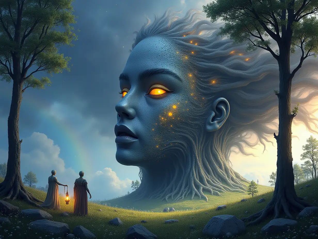 Creating a digital painting of a face with hair transformed into a building with silver stone and illuminated trees with roots and lantern and alien beings on a meadow rainbow during the day