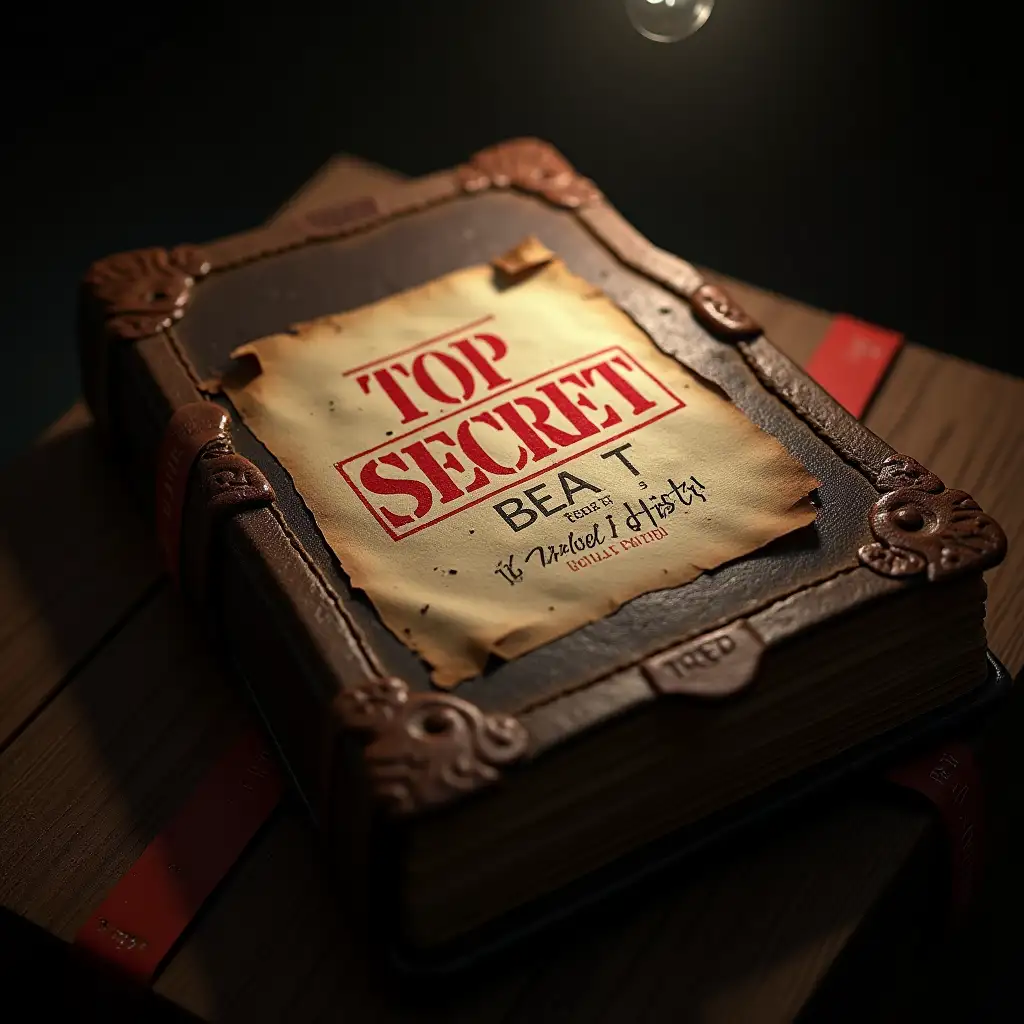 Hyper-realistic YouTube profile picture, 1:1 ratio, an ancient leather-bound book with a TOP SECRET document embedded on its cover. Exact text: 'TOP SECRET' (large red stamp), 'BEA | - baly -' (typewriter font), '[ANWTO] Untold Hlisty' (handwritten, crooked), '[LASSIFIED]' (redacted). Design: Worn dark leather cover, slightly open with yellowed pages, red-white 'CLASSIFIED' tape wrapped around, dramatic spotlight, dust particles, ultra-detailed 8K, photorealistic.