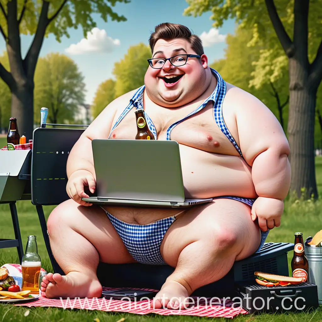 Chubby-Banker-in-Underpants-Working-on-Laptop-at-Picnic