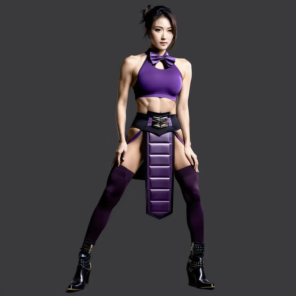 Japanese Female Bodybuilder in Purple Samurai Armor with Black Bowtie