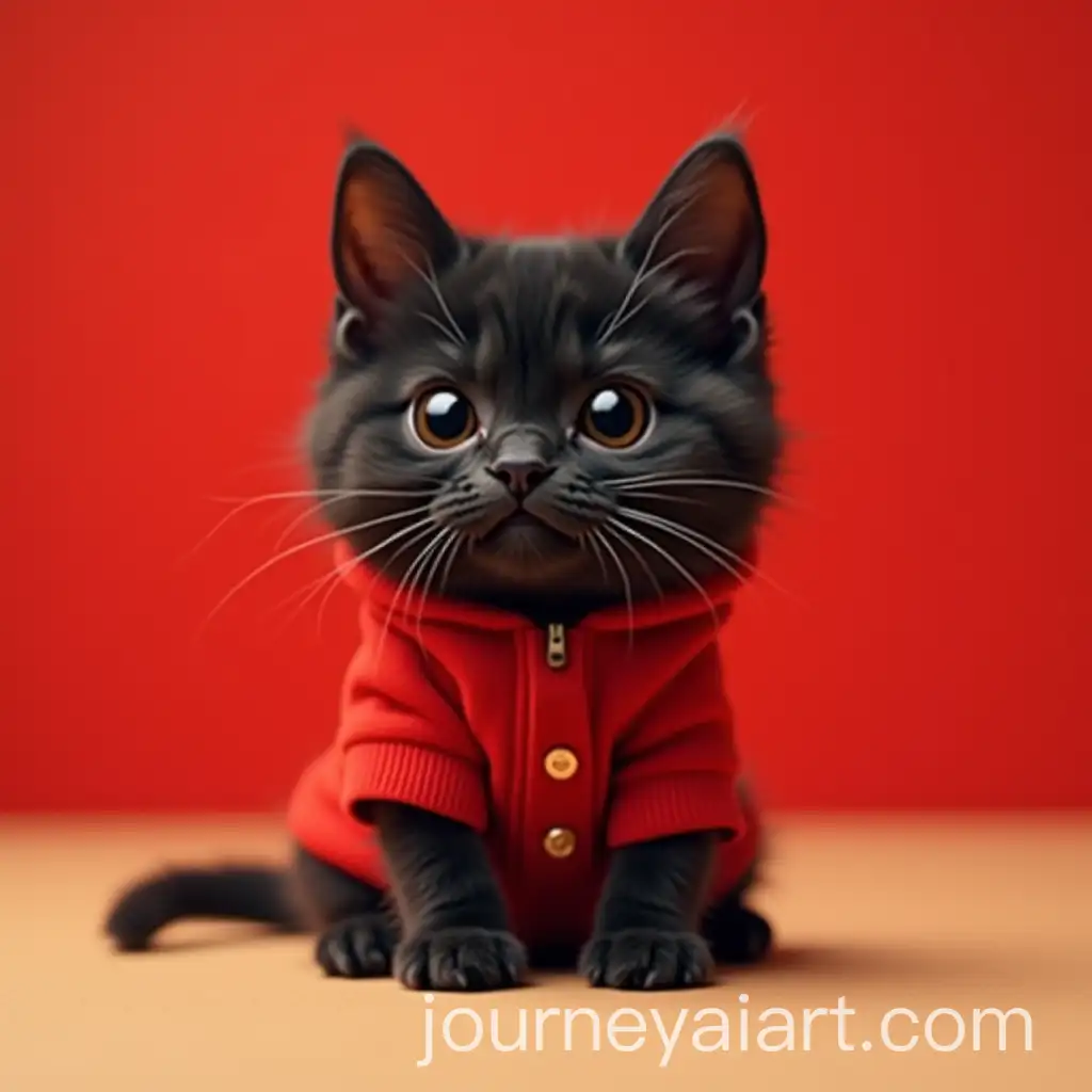 Sad-Black-Cat-Wearing-Red-Jacket-on-Beige-Background