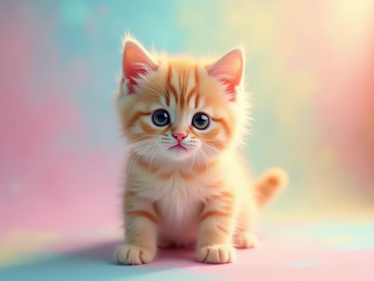 Create a high-definition image of a cute furry cat with a similar appearance as before, but this time the cat should be standing as if it's curiously getting into something. The cat should have soft, fluffy fur and bright, expressive eyes that convey curiosity. The background should be vibrant and colorful, featuring a mix of pastel shades like pink, blue, and yellow, creating a cheerful atmosphere. The lighting should be soft and warm, enhancing the overall playful vibe of the scene. The image should be in 8K resolution for exceptional detail.