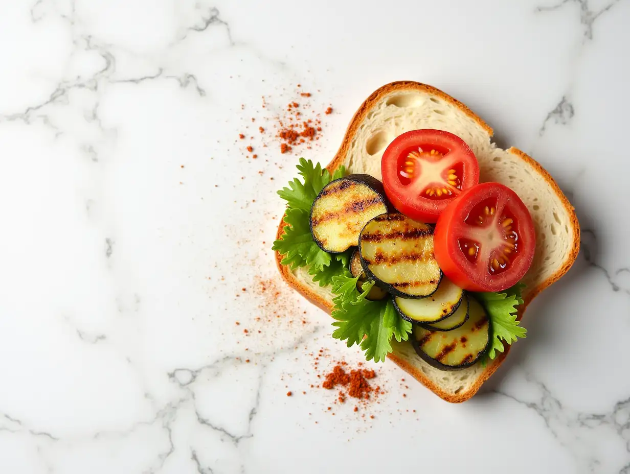 Grilled-Vegetable-Sandwich-on-White-Marble-Table-with-Fresh-Tomato-and-Spices