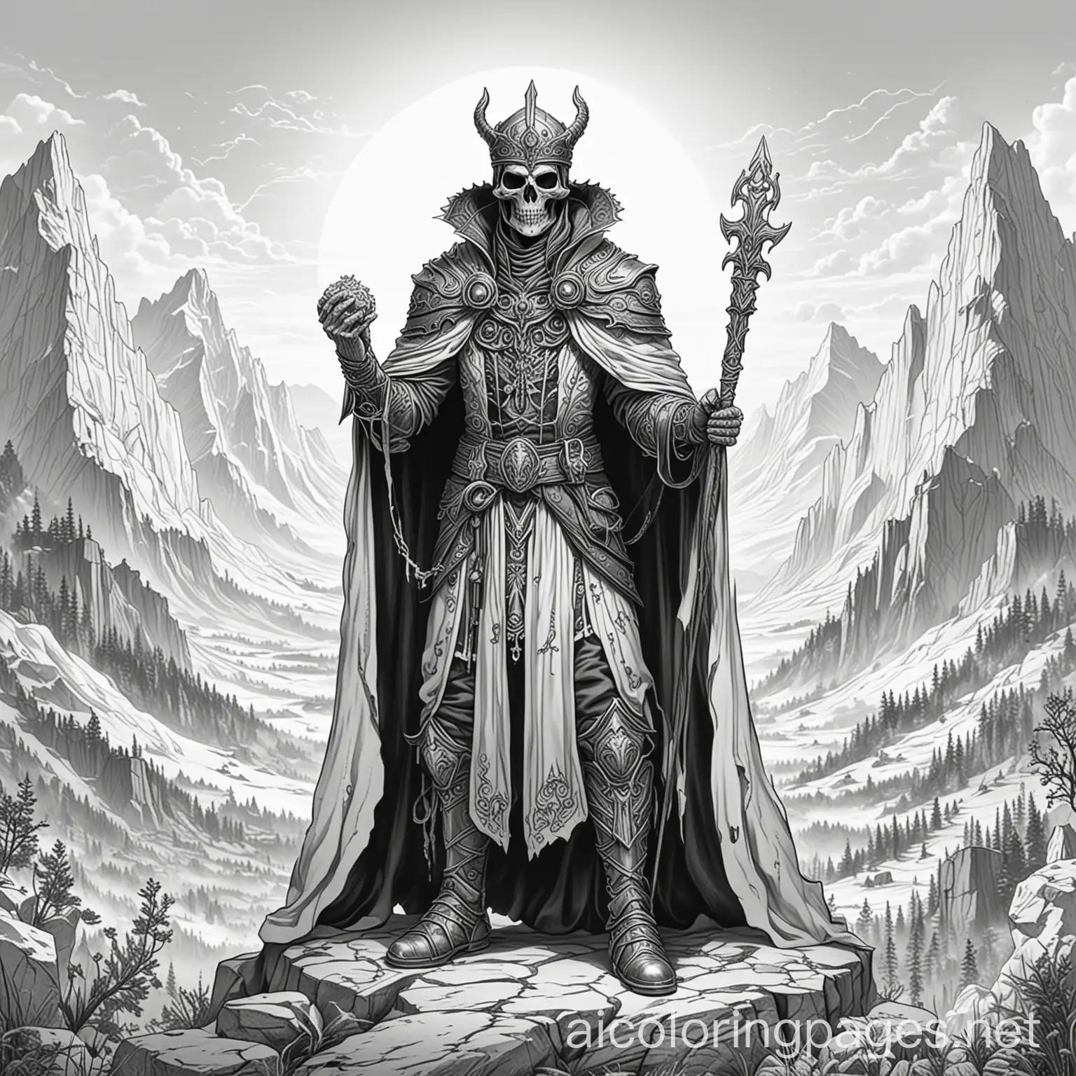 Mystical-Lich-Warlock-in-Mountain-Peaks-Coloring-Page