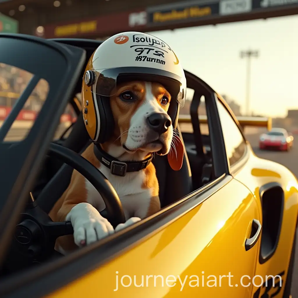 Beagle-Dog-Racing-in-Yellow-Porsche-911-GT3-RS-on-a-Speeding-Track