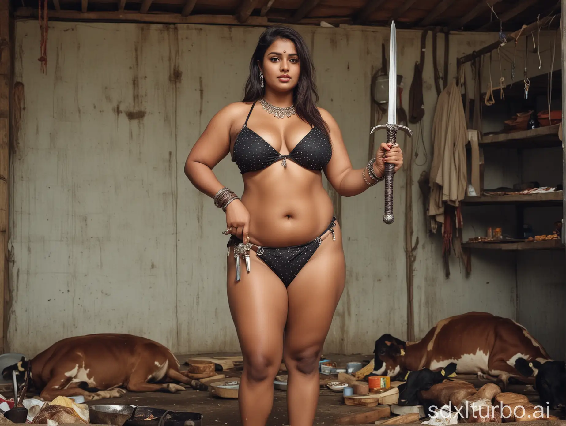 Indian-Woman-with-Sword-and-Steak-in-Cold-Storage