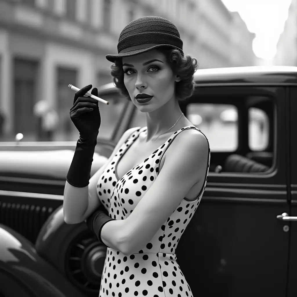 1930s-Glamorous-Woman-in-Polka-Dot-Dress-Beside-Fancy-Car