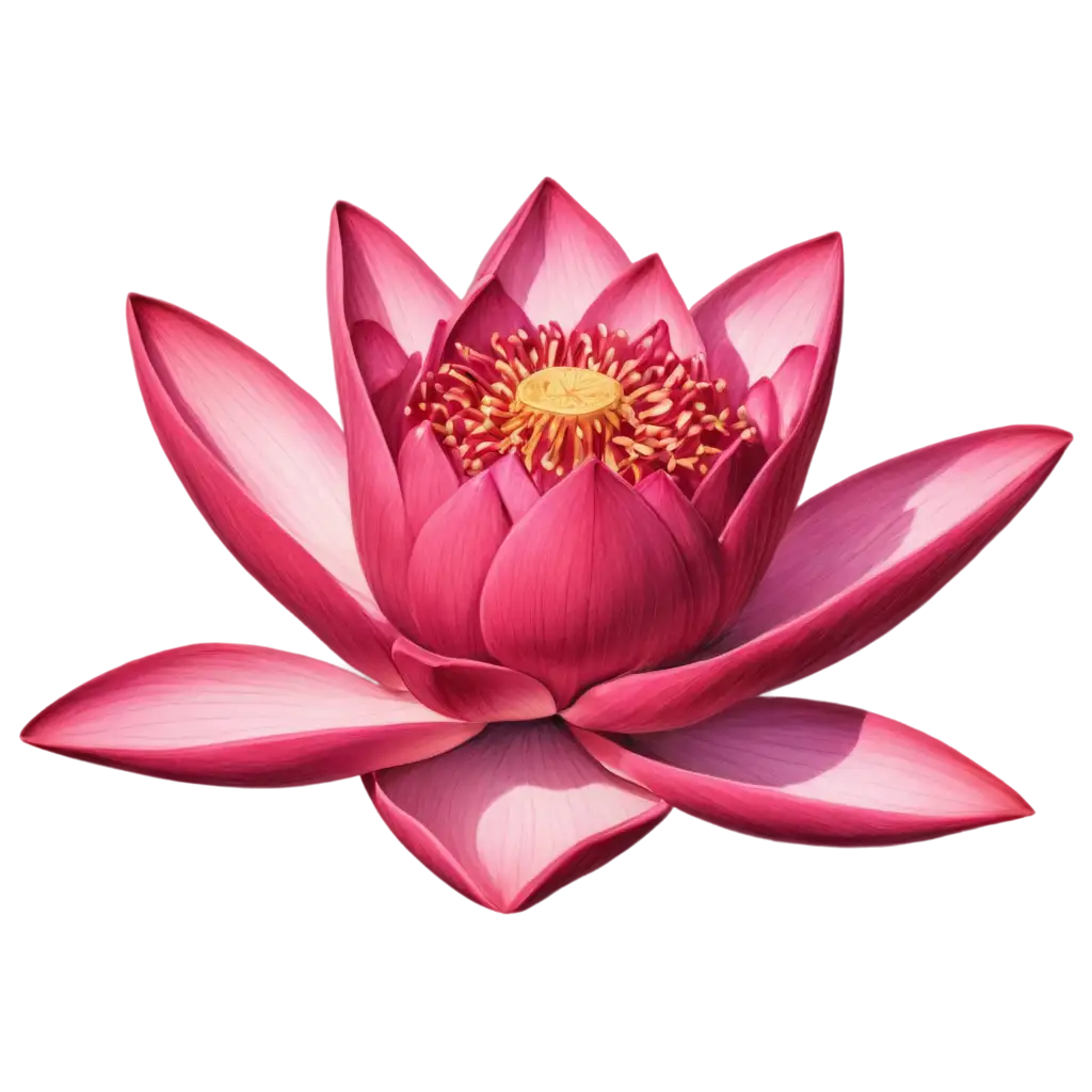 Vibrant, deep crimson lotus flower; detailed petals; intricate texture; center highlighted with lighter shade of crimson; isolated on pure black background; highly detailed realistic style; flower in full bloom; spiritual, serene, and peaceful mood; classic botanical illustration; emphasis on form and color; natural lighting; classic botanical art; floral; lush; intense; dark background enhances flower's color; detailed, rich, and saturated colors; perfect symmetry; 3D style, almost sculpted.