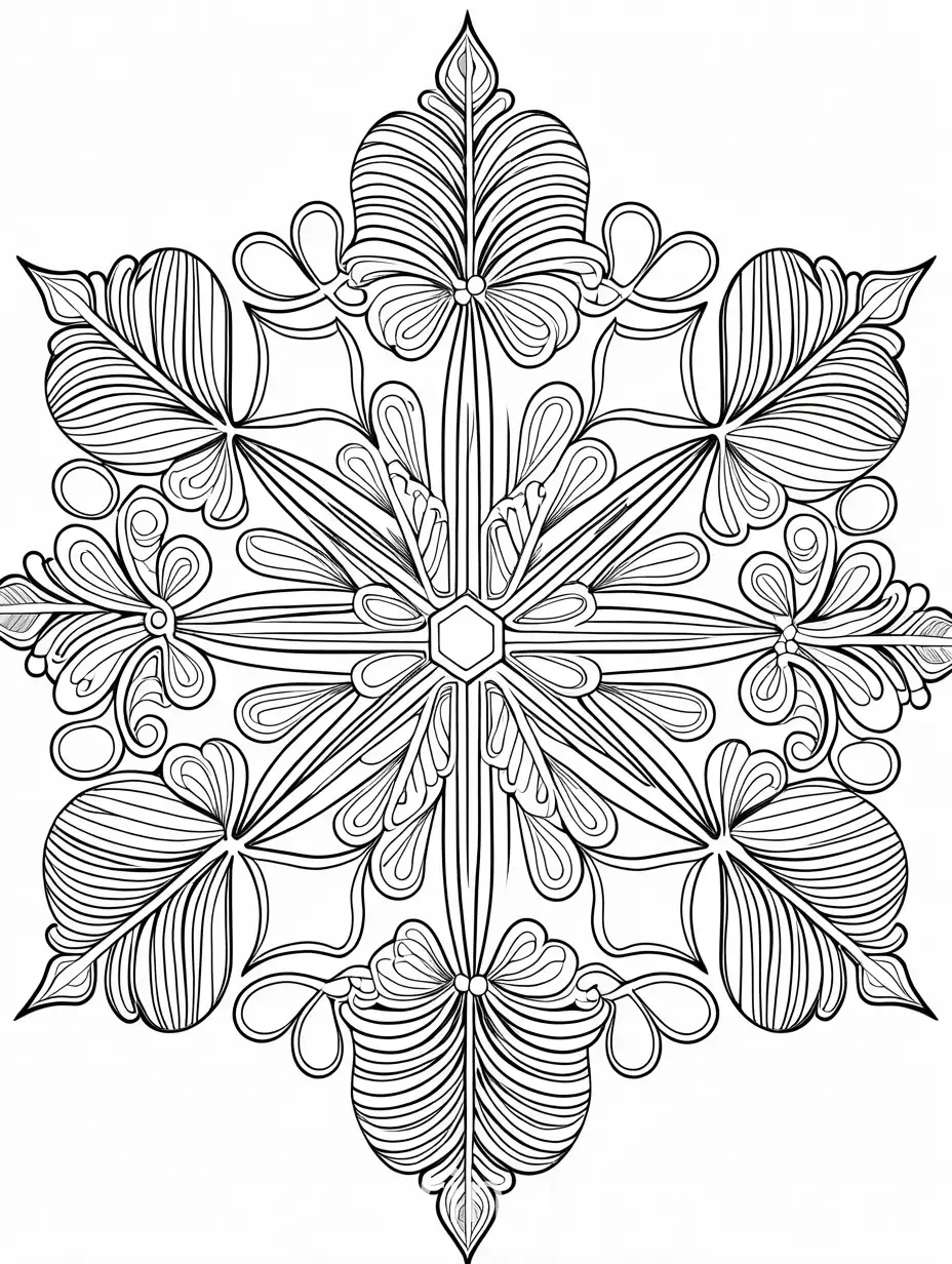 snow flake, Coloring Page, black and white, line art, white background, Simplicity, Ample White Space. The background of the coloring page is plain white to make it easy for young children to color within the lines. The outlines of all the subjects are easy to distinguish, making it simple for kids to color without too much difficulty